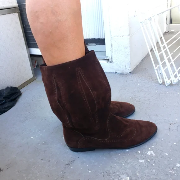 Vtg 80s brown Suede boho westernboots mid calf barrel shaft boots 9